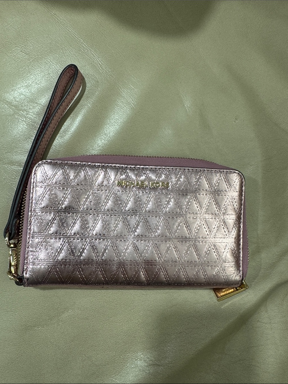 Michael Kors Quilted Metallic Wristlet in Rose Gold with Lilac Trim